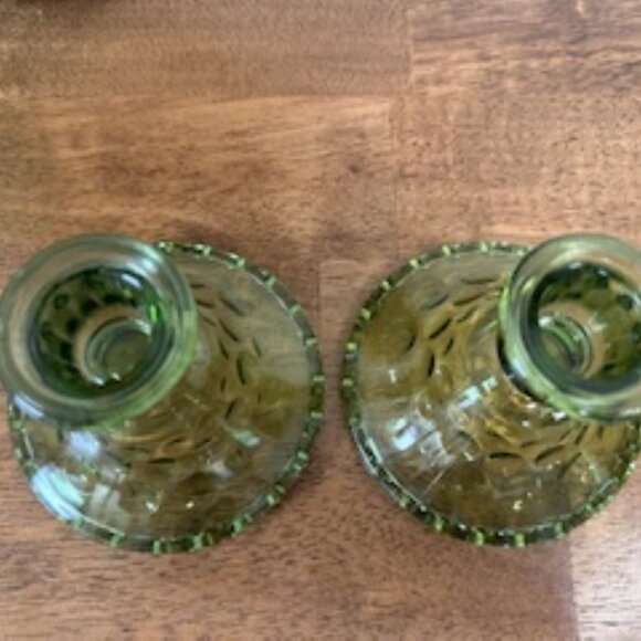 Vintage Green Glass Candle Holders Moon & Stars Pattern Indiana Style Pair Thumb - Picture 5 of 5